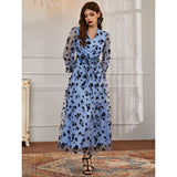 Woochic robe à manches longues col en V tulle dentelle taille haute bleu 4 S