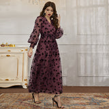 Woochic robe à manches longues col en V tulle dentelle taille haute rouge vineux S