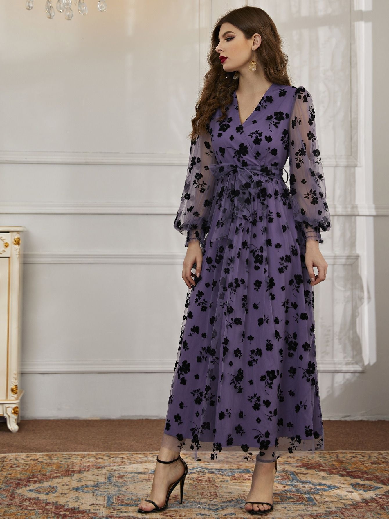 Woochic robe à manches longues col en V tulle dentelle taille haute violet 3 S