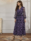 Woochic robe à manches longues col en V tulle dentelle taille haute violet 3 S