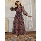 Woochic robe à manches longues col en V tulle dentelle taille haute rouge 4 S