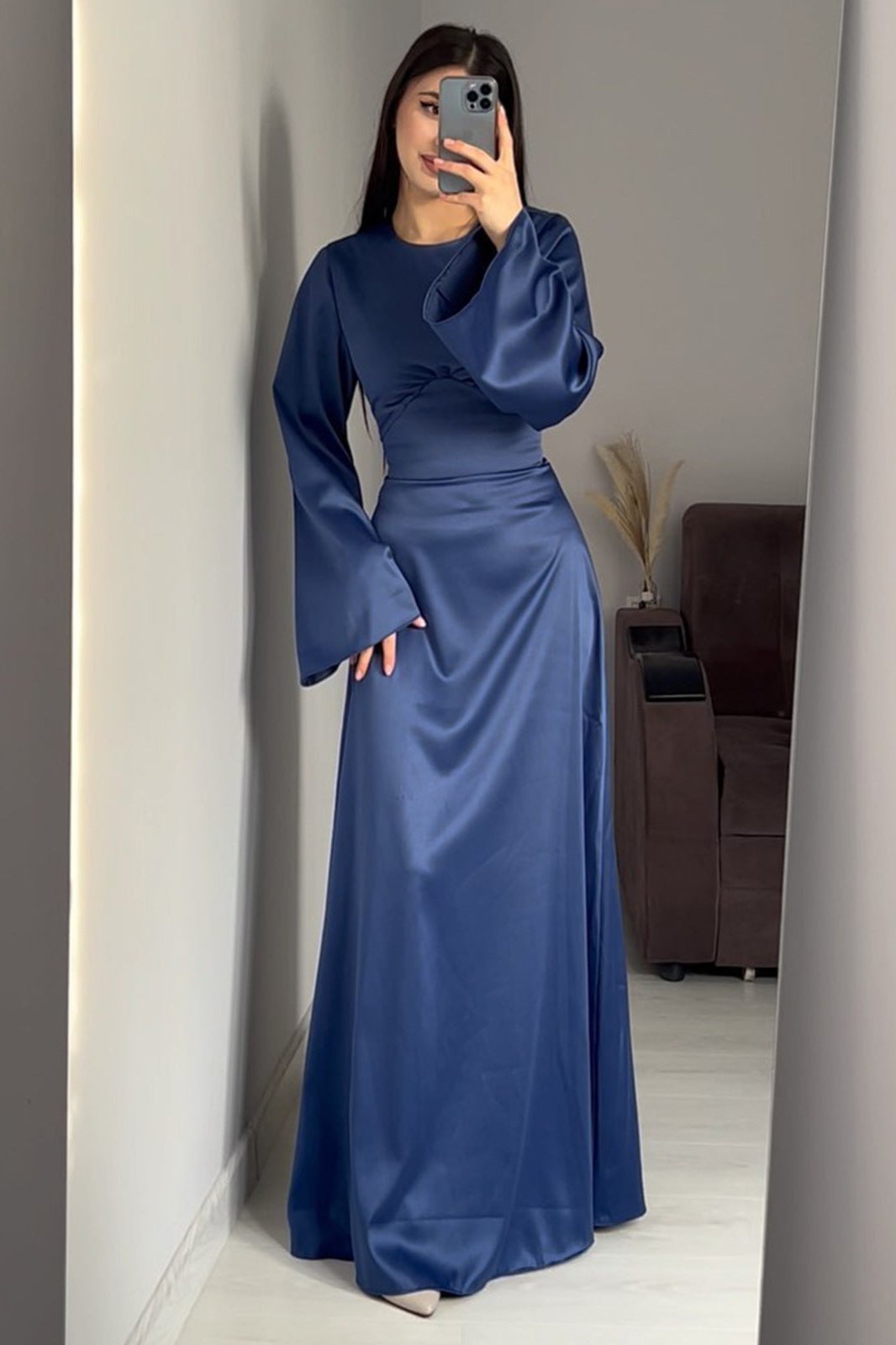 Woochic robe à manches longues col en rond à lacets taille cintrée bleu1 S