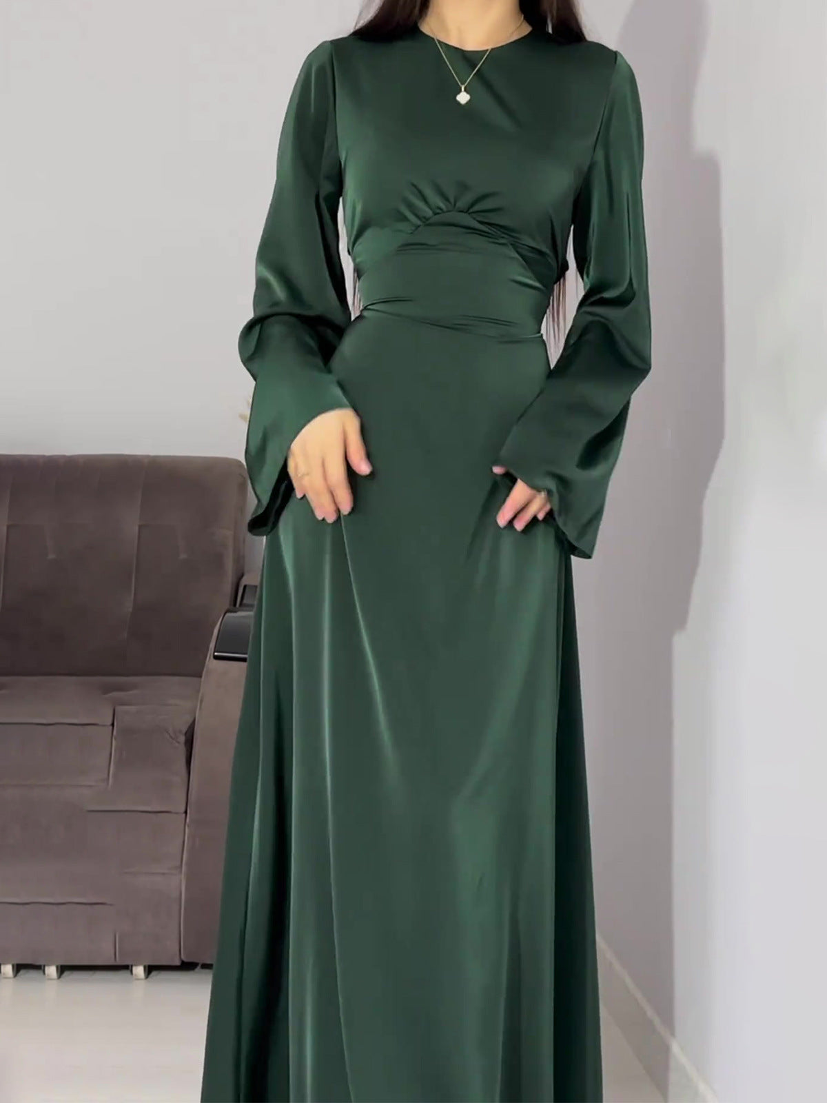 Woochic robe à manches longues col en rond à lacets taille cintrée vert 1 S