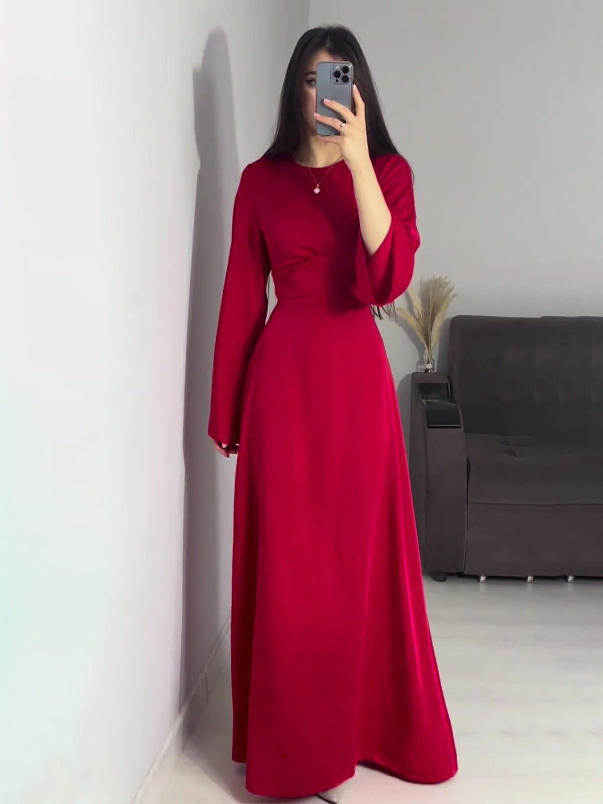 Woochic robe à manches longues col en rond à lacets taille cintrée rouge S