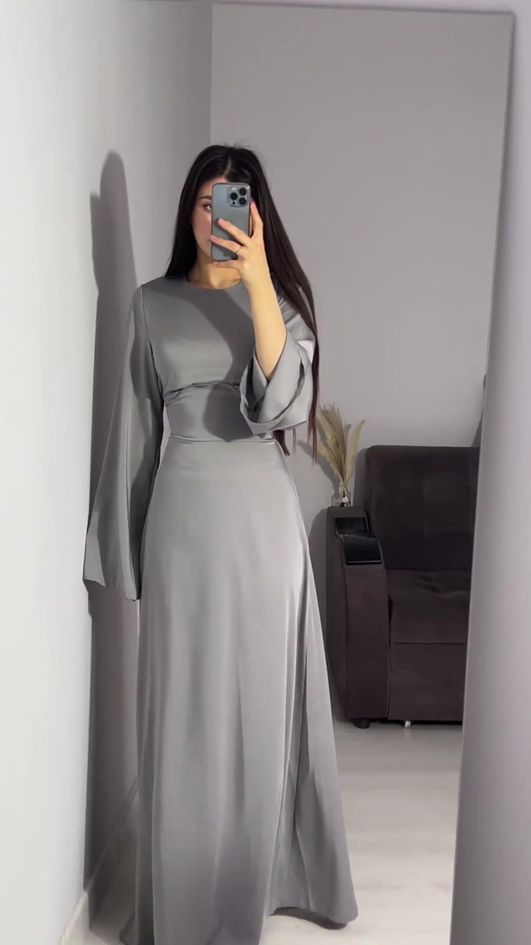 Woochic robe à manches longues col en rond à lacets taille cintrée gris S