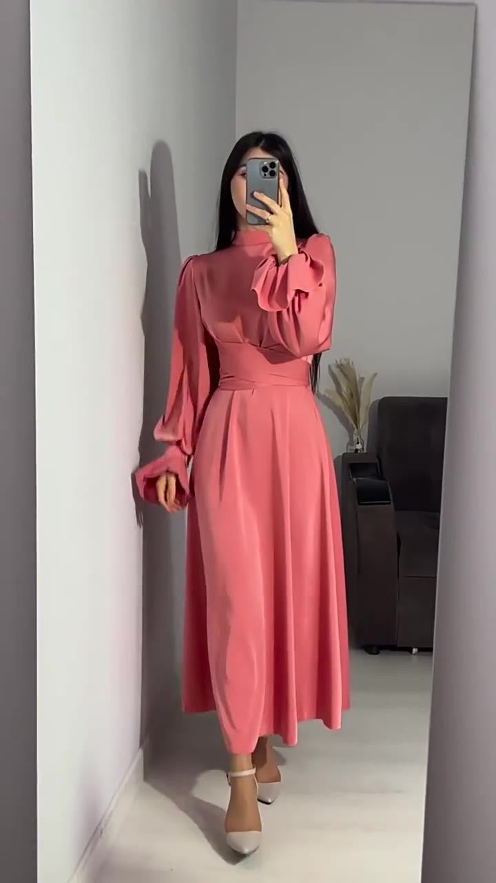 Woochic robe à manches longues col mi-haut à volants rose 1 S