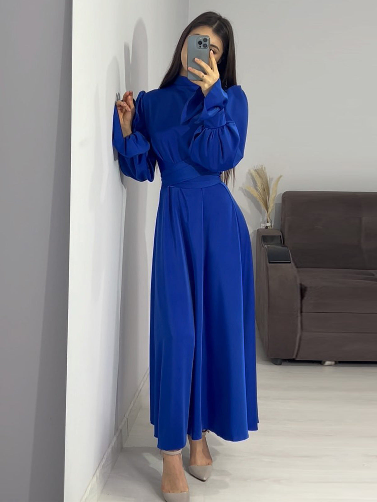 Woochic robe à manches longues col mi-haut à volants bleu1 S