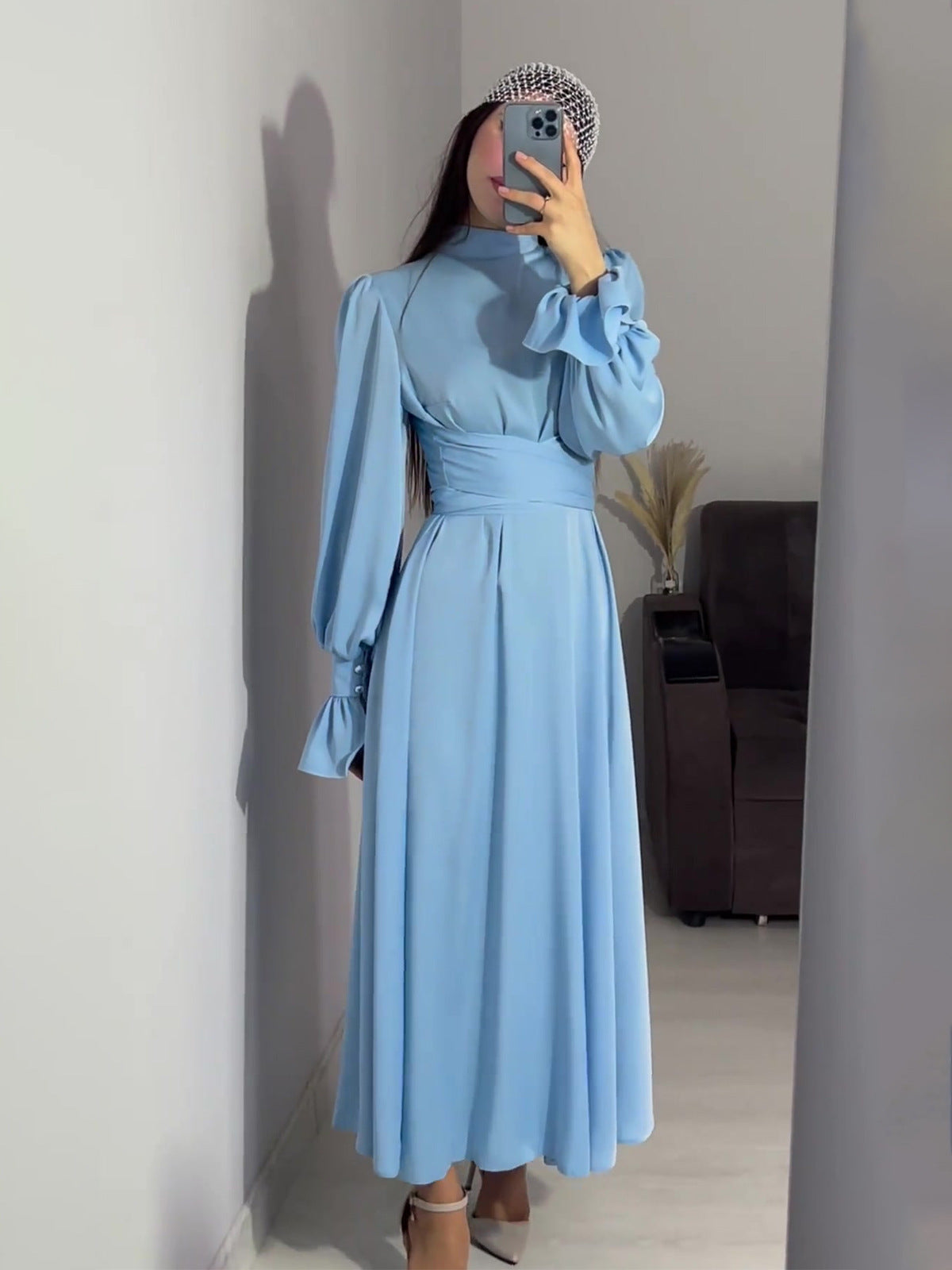 Woochic robe à manches longues col mi-haut à volants bleu clair S