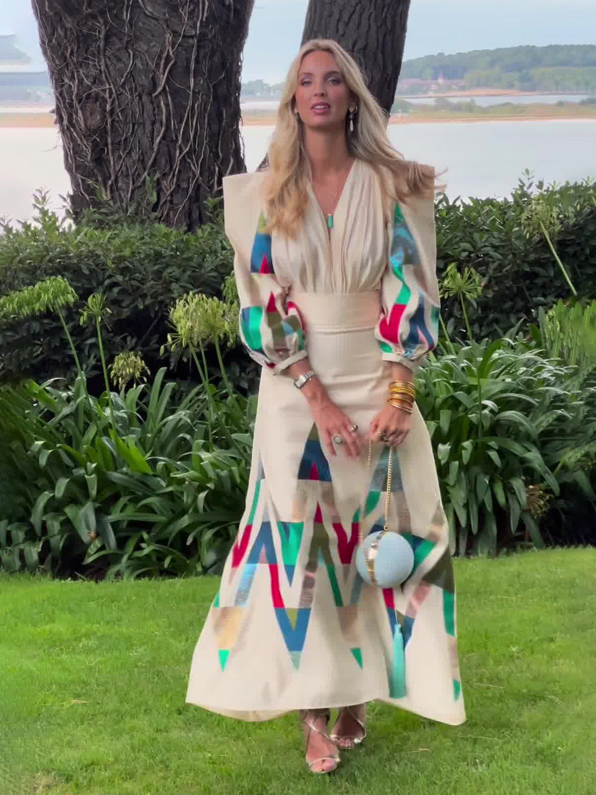 Woochic robe à manches longues deux-pièces col en V imprimé plissé