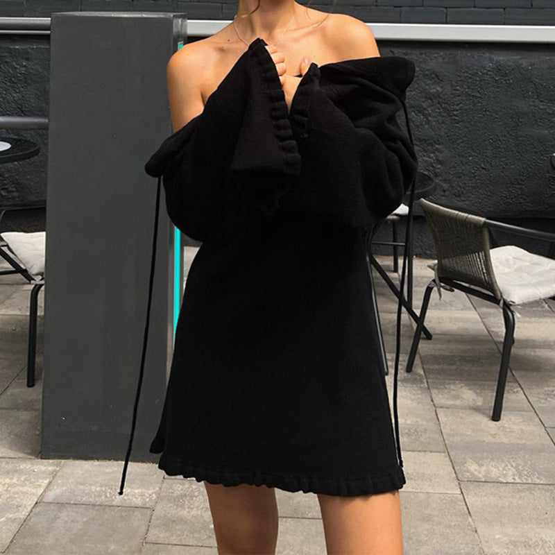 Woochic robe à manches longues évasées col en rond taille haute dos nu noir S