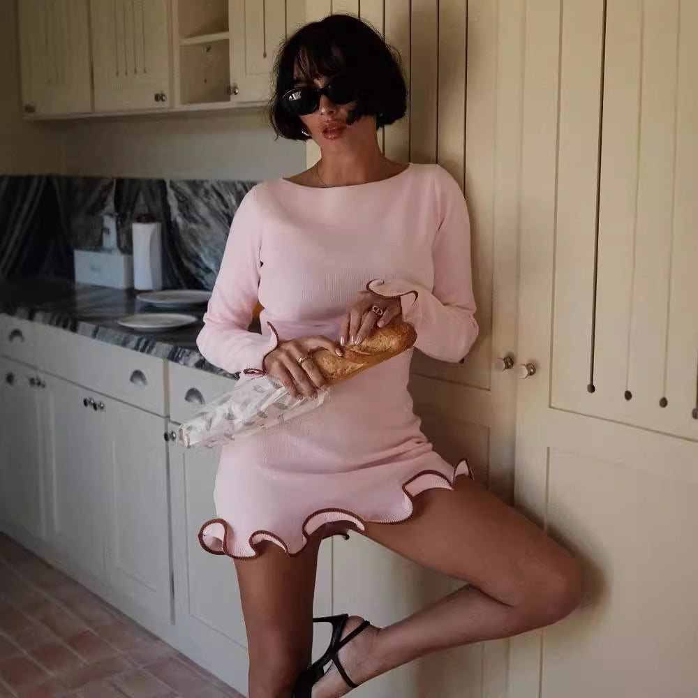 Woochic robe à manches longues évasées col en rond taille haute tricoté dentelle rose S