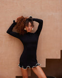 Woochic robe à manches longues évasées col en rond taille haute tricoté dentelle noir S