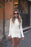 Woochic robe à manches longues évasées col en rond taille haute tricoté dentelle blanc S