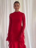 Woochic robe à manches longues évasées col mi-haut à volants rouge S