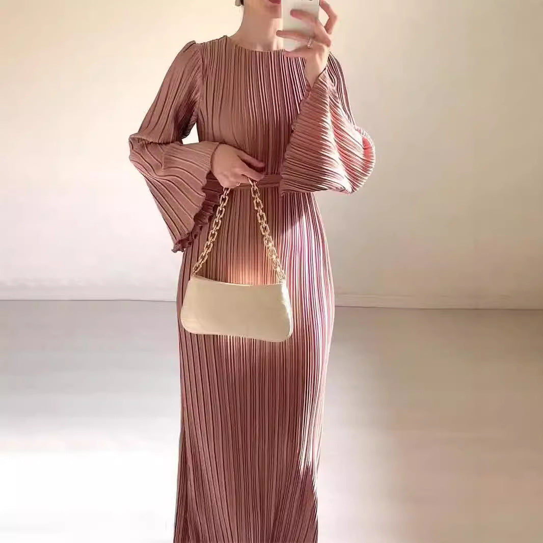 Woochic robe à manches longues évasées col rond plissée rose 1 S