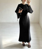 Woochic robe à manches longues évasées col rond plissée noir S