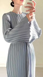 Woochic robe à manches longues évasées col rond plissée gris S