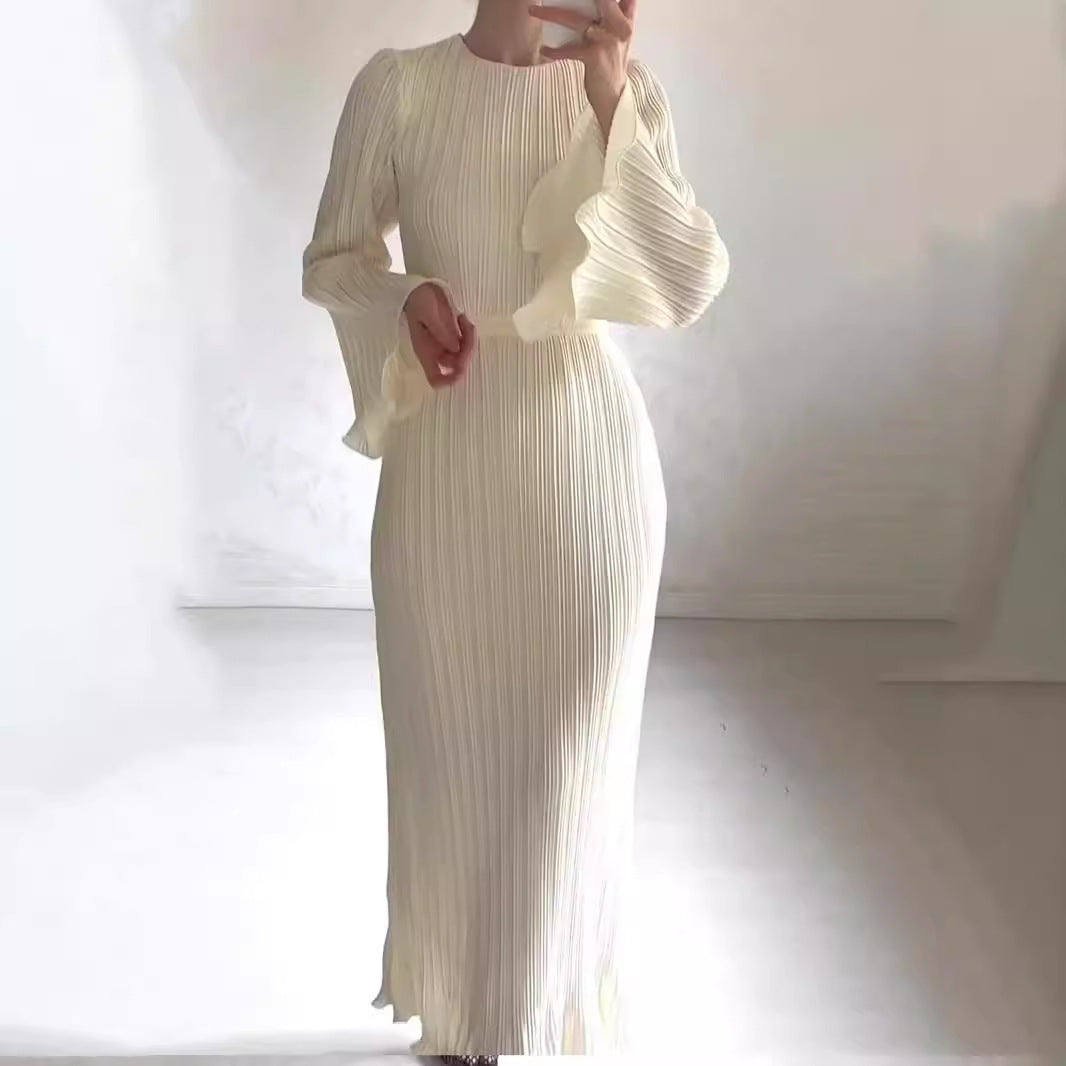 Woochic robe à manches longues évasées col rond plissée Blanchâtre S