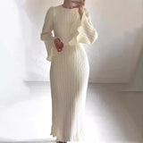 Woochic robe à manches longues évasées col rond plissée Blanchâtre S