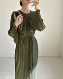 Woochic robe à manches longues évasées col rond plissée vert S