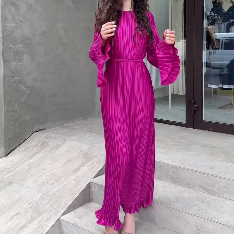 Woochic robe à manches longues évasées col rond plissée rose2 S