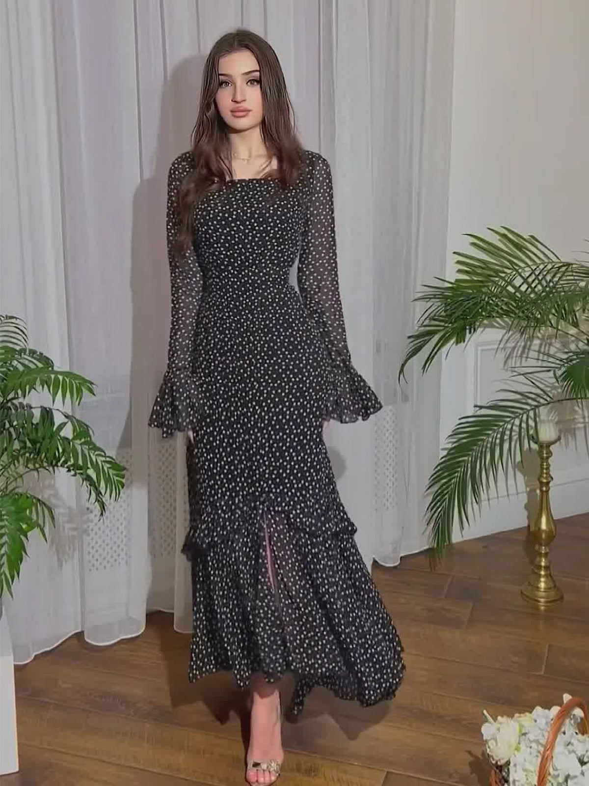 Woochic robe à manches longues imprimé à pois col en rond noir S