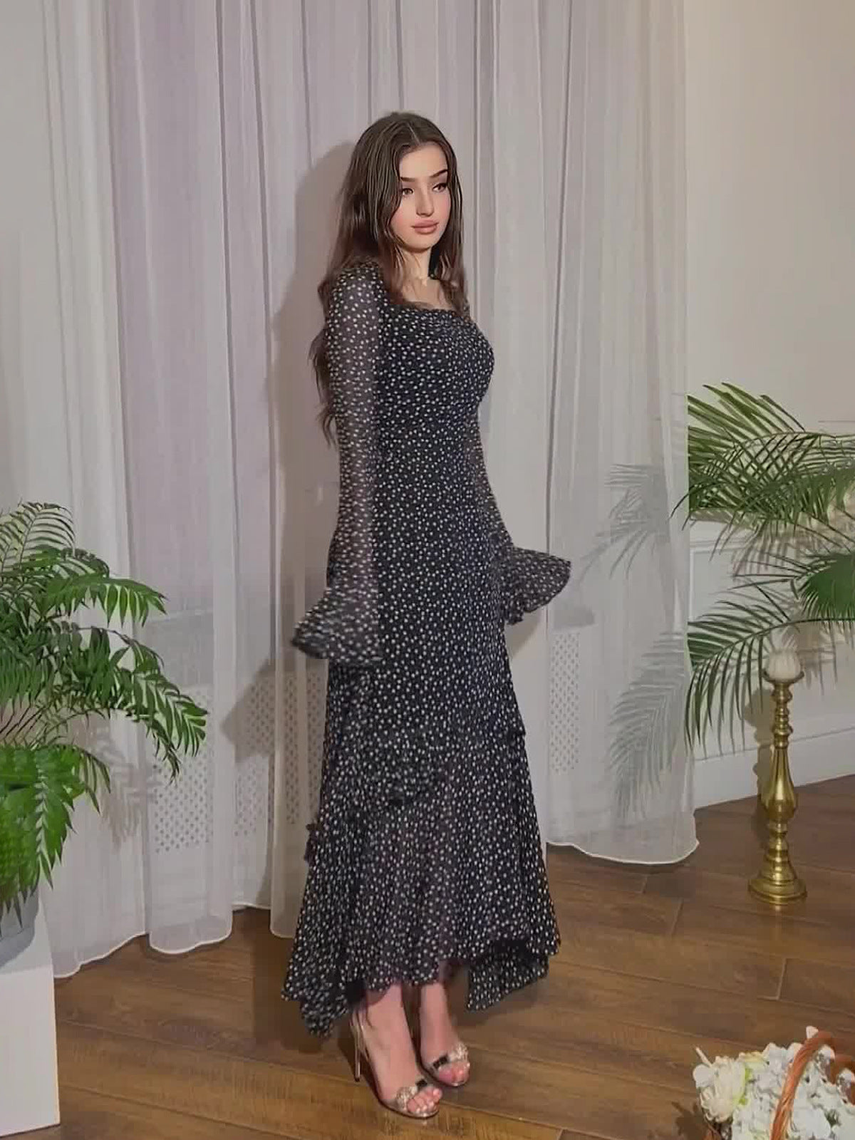 Woochic robe à manches longues imprimé à pois col en rond