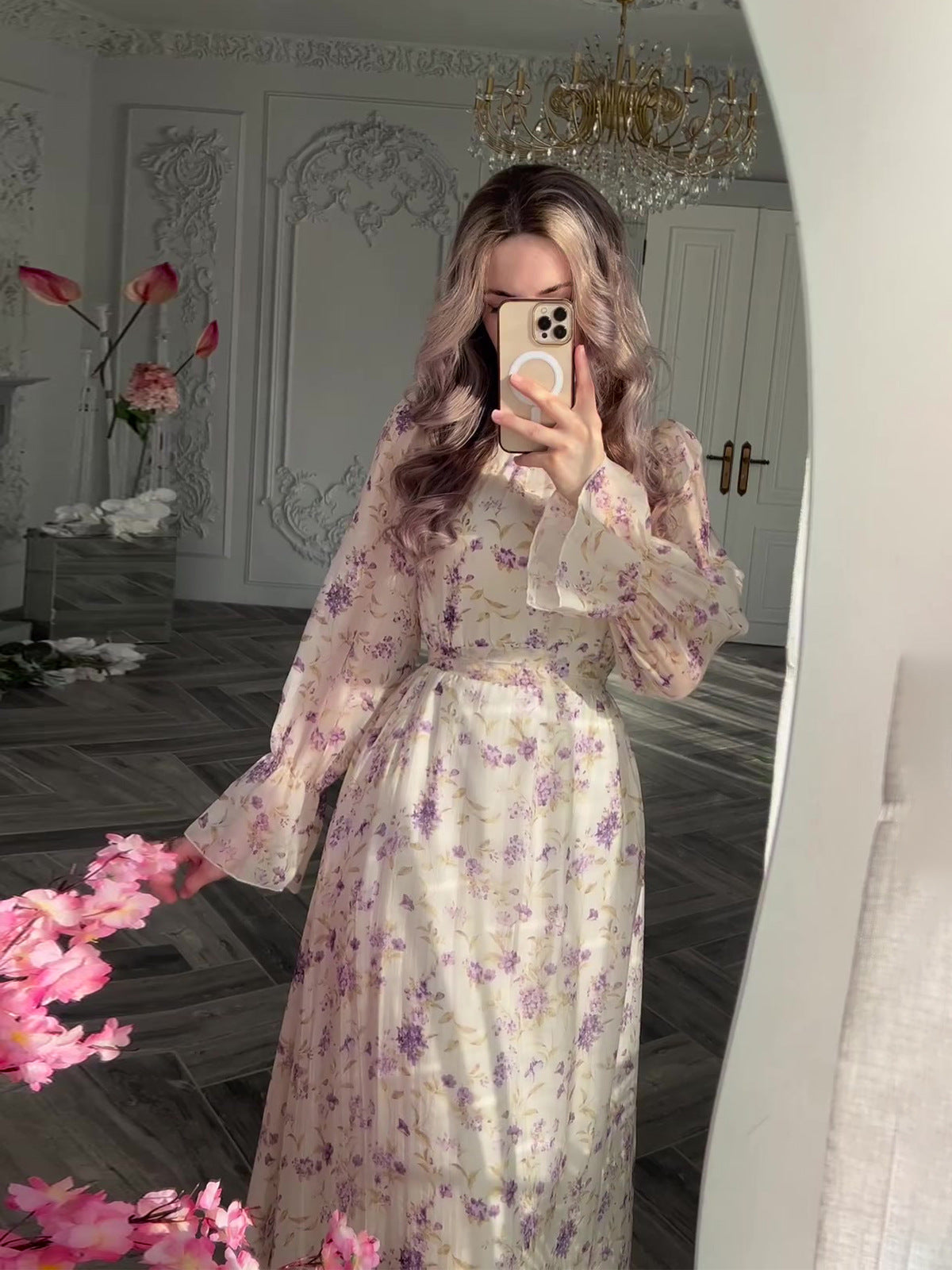 Woochic robe à manches longues imprimée ourlet tulle blanc S