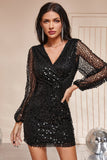 Woochic robe à manches longues lanternes col en V paillettes pois taille haute noir S