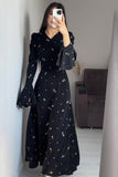 Woochic robe à manches longues motif floral col en V dentelle cintrée