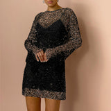 Woochic robe à manches longues paillettes tulle transparente à bretelles taille haute noir S