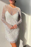 Woochic robe à manches longues paillettes tulle transparente à bretelles taille haute blanc S