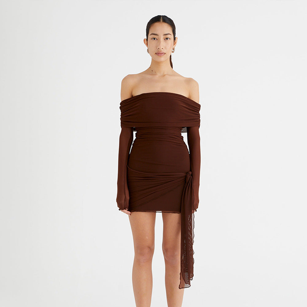 Woochic robe à manches longues tulle bustier taille haute plissée brun S