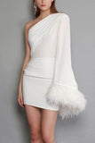 Woochic robe à plumes à une épaule manches évasées à volants plissée blanc S
