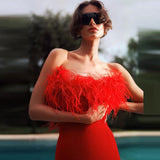 Woochic robe à plumes bustier col en V fendue taille haute