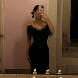 Woochic robe à plumes bustier col en V fendue taille haute