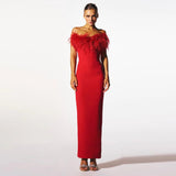 Woochic robe à plumes bustier col en V fendue taille haute rouge XS