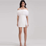 Woochic robe à plumes bustier fendue sertissage en strass blanc XS