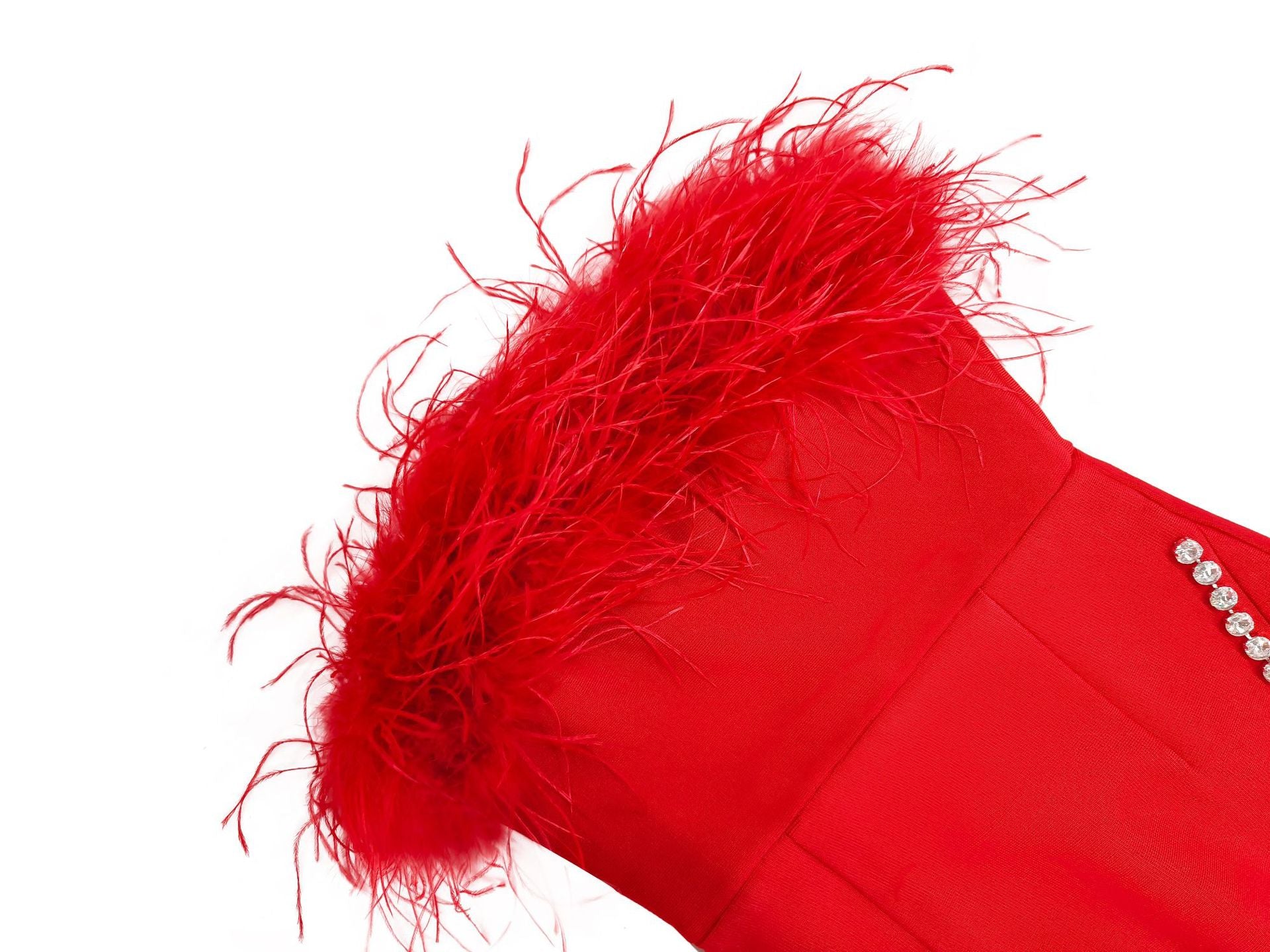 Woochic robe à plumes bustier fendue sertissage en strass