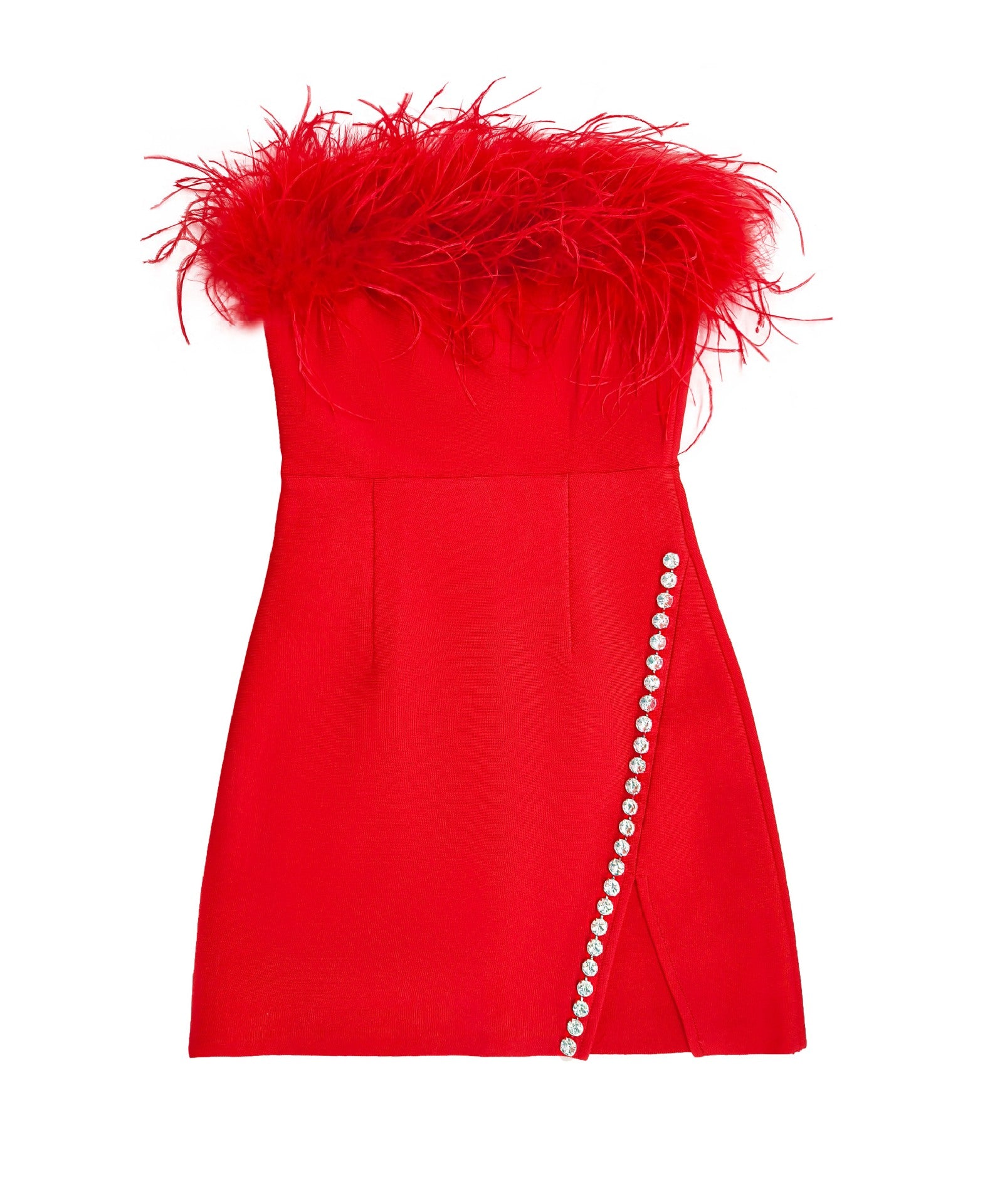 Woochic robe à plumes bustier fendue sertissage en strass rouge XS