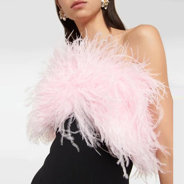 Woochic robe à plumes bustier fendue sertissage en strass