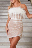 Woochic robe à plumes bustier taille haute enveloppante à sequins