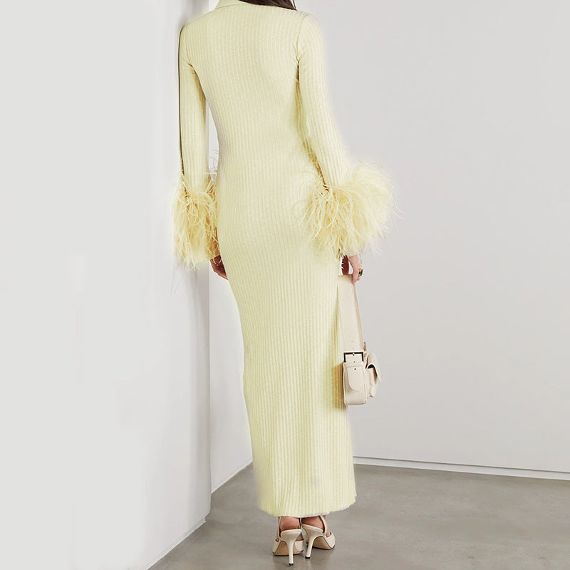 Woochic robe à plumes cintrée manches à plumes