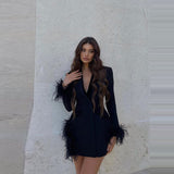 Woochic robe à plumes col en V taille haute irrégulières, Party noir XS