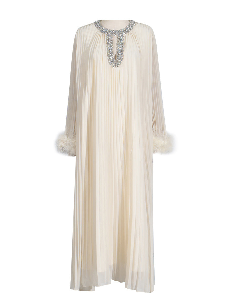Woochic robe à plumes col rond strass plissée couture Blanchâtre S