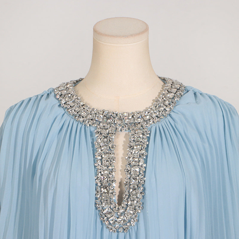 Woochic robe à plumes col rond strass plissée couture
