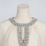 Woochic robe à plumes col rond strass plissée couture