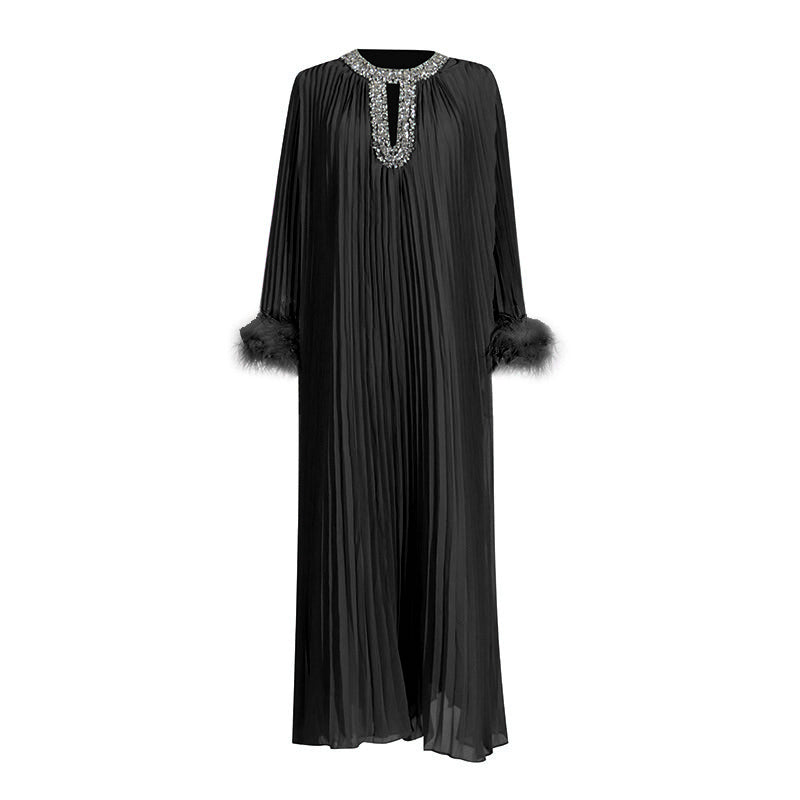 Woochic robe à plumes col rond strass plissée couture noir S