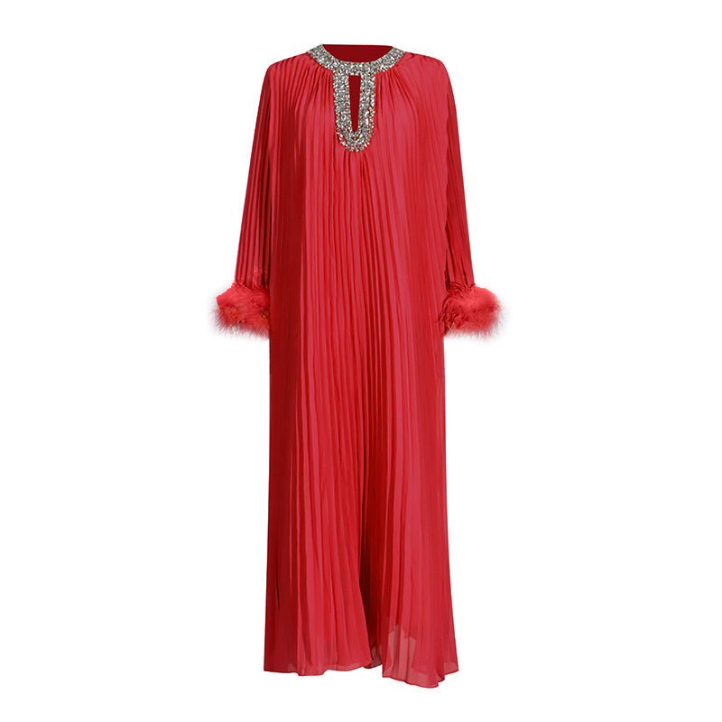Woochic robe à plumes col rond strass plissée couture rouge S