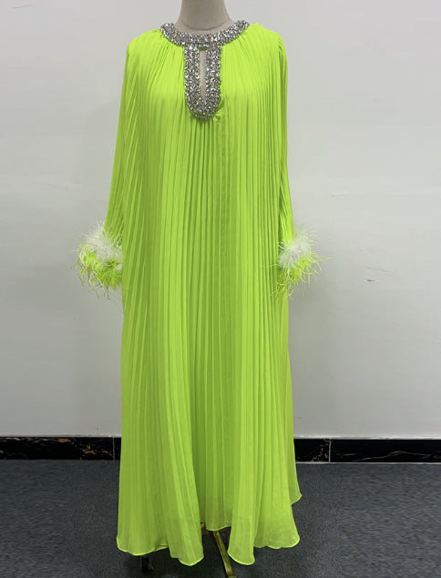 Woochic robe à plumes col rond strass plissée couture vert 6 S